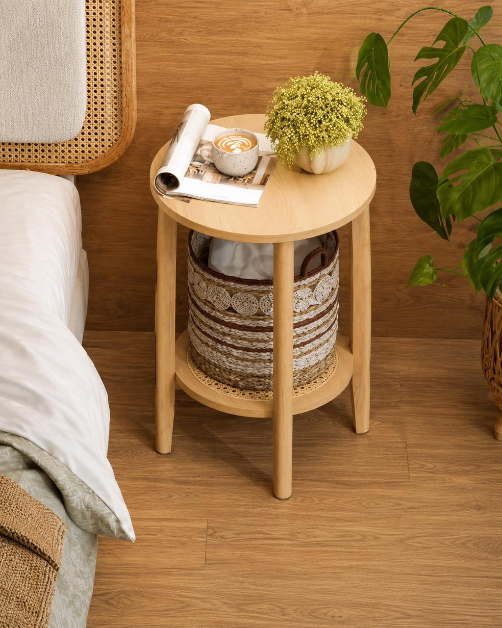 Boho Round End Table with Rattan Shelf, Small Accent Side Table