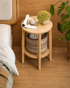 Boho Round End Table with Rattan Shelf, Small Accent Side Table