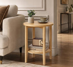 Boho Round End Table with Rattan Shelf, Small Accent Side Table