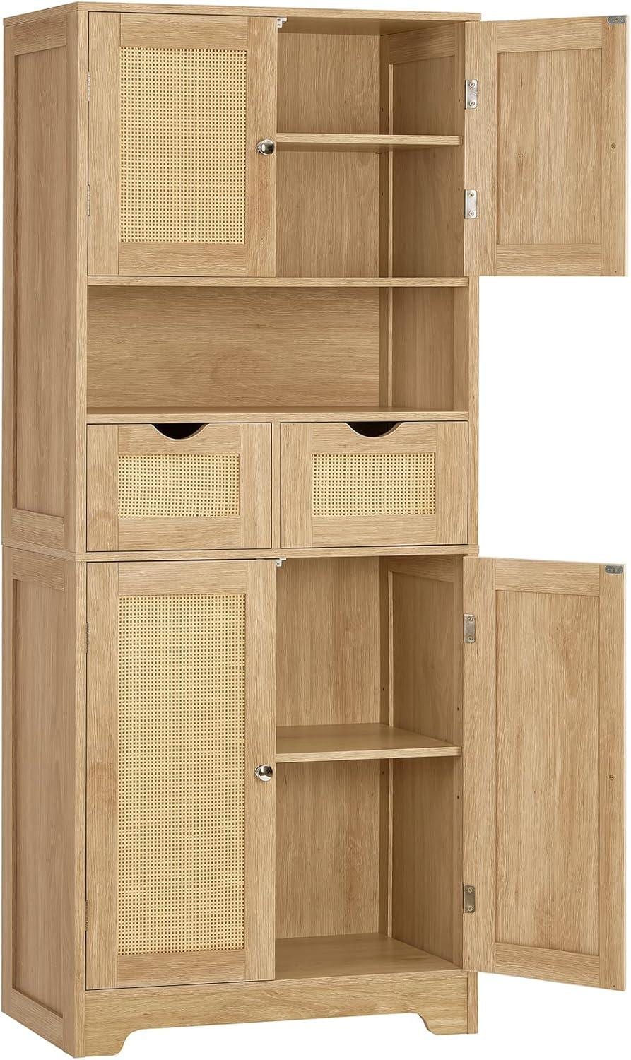 Rattan Storage Cabinet, Boho Modern Wood Pantry Unit, 2 Drawers, Adjustable Shelves