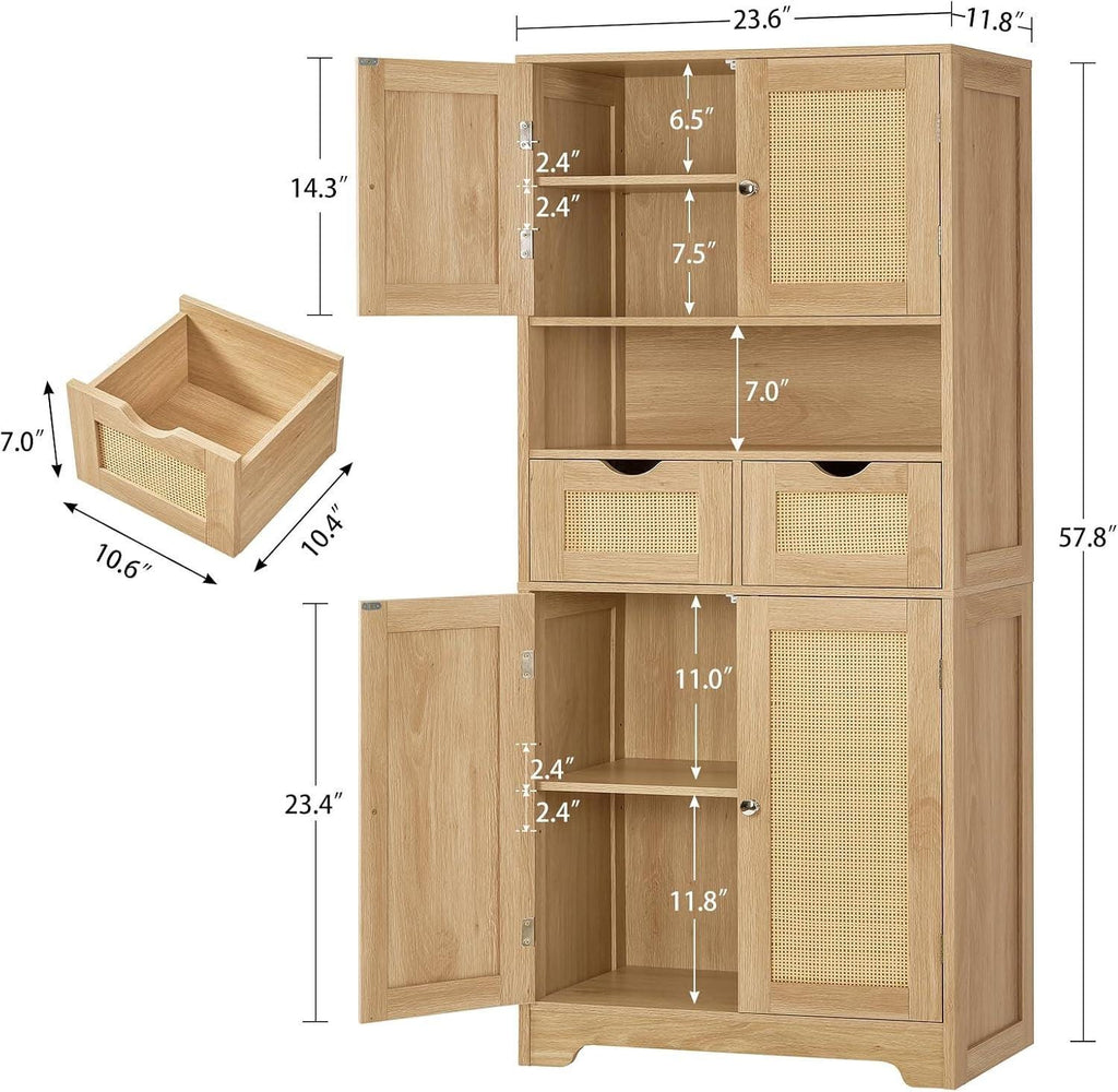 Rattan Storage Cabinet, Boho Modern Wood Pantry Unit, 2 Drawers, Adjustable Shelves