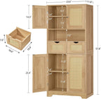 Rattan Storage Cabinet, Boho Modern Wood Pantry Unit, 2 Drawers, Adjustable Shelves