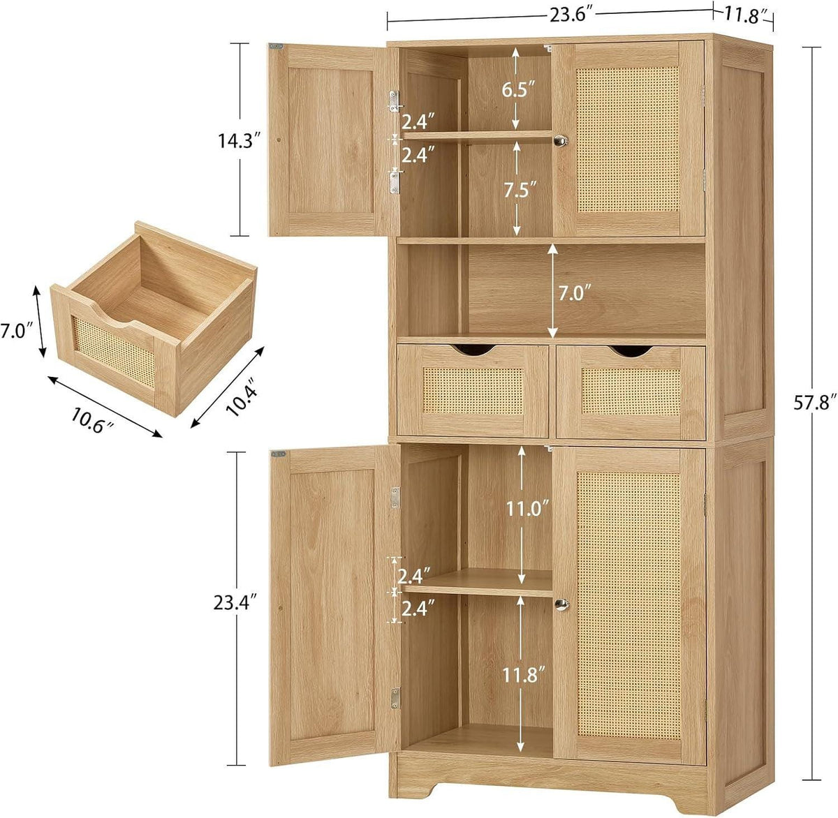 Rattan Storage Cabinet, Boho Modern Wood Pantry Unit, 2 Drawers, Adjustable Shelves