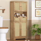 Rattan Storage Cabinet, Boho Modern Wood Pantry Unit, 2 Drawers, Adjustable Shelves