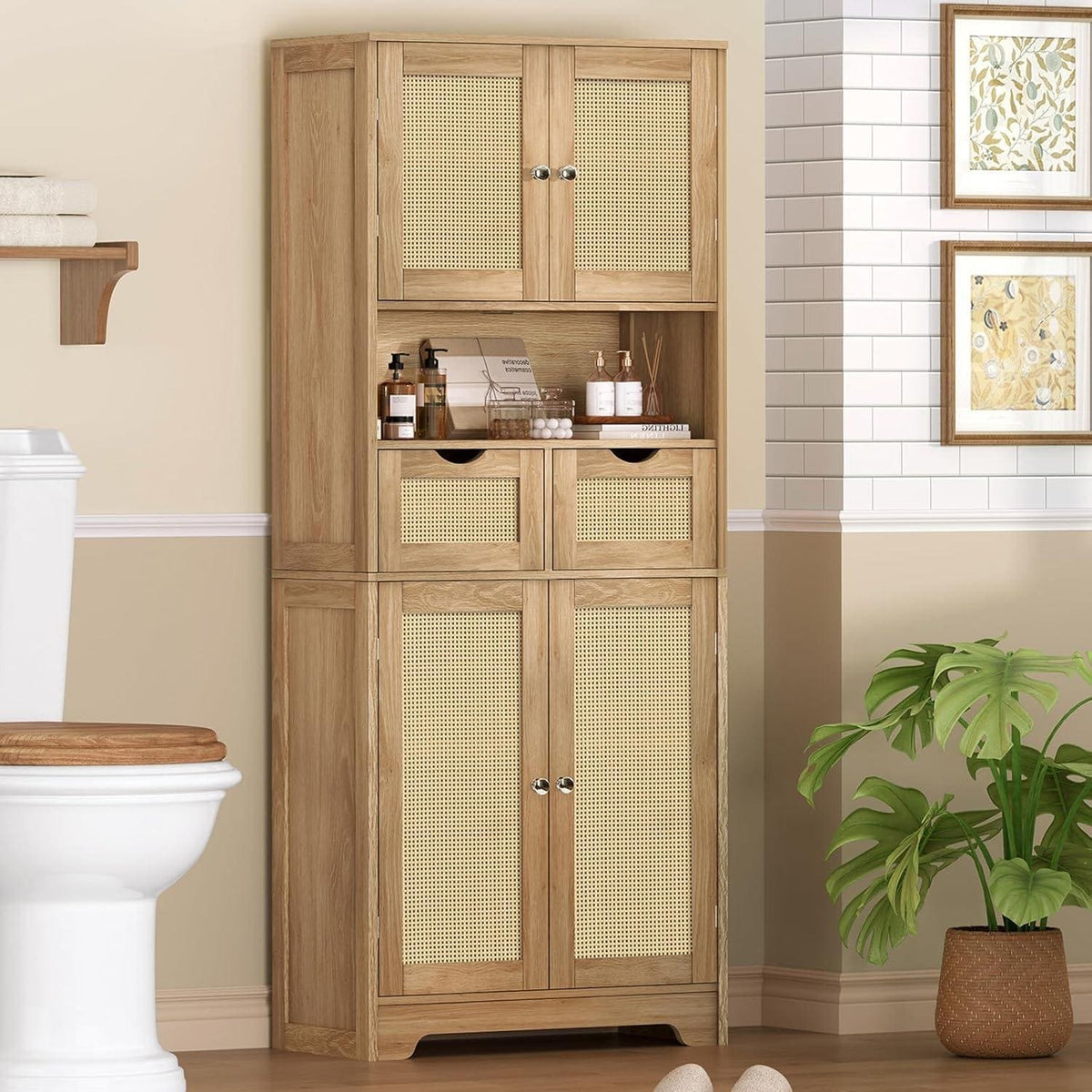 Rattan Storage Cabinet, Boho Modern Wood Pantry Unit, 2 Drawers, Adjustable Shelves