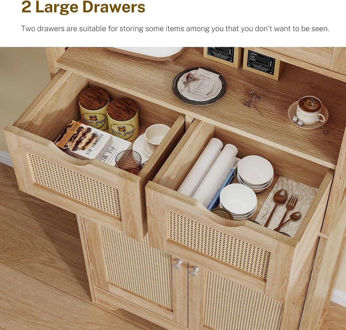 Rattan Storage Cabinet, Boho Modern Wood Pantry Unit, 2 Drawers, Adjustable Shelves