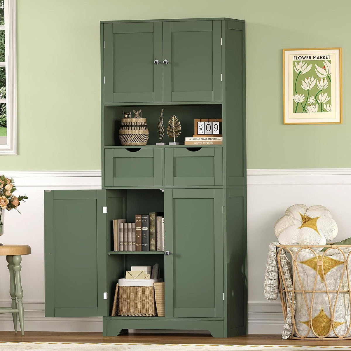 Rattan Storage Cabinet, Boho Modern Wood Pantry Unit, 2 Drawers, Adjustable Shelves