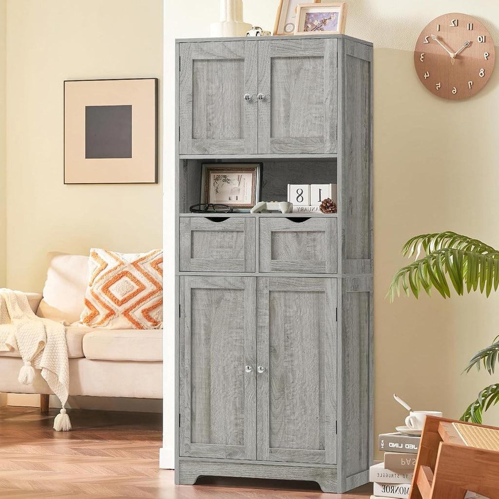 Rattan Storage Cabinet, Boho Modern Wood Pantry Unit, 2 Drawers, Adjustable Shelves