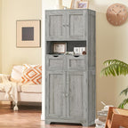 Rattan Storage Cabinet, Boho Modern Wood Pantry Unit, 2 Drawers, Adjustable Shelves