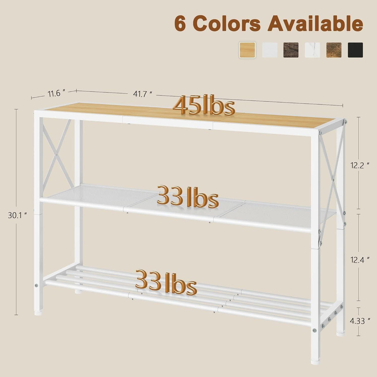 Rustic Gold Console Table with 3-Tier Storage Shelves for Entryway & Living Room