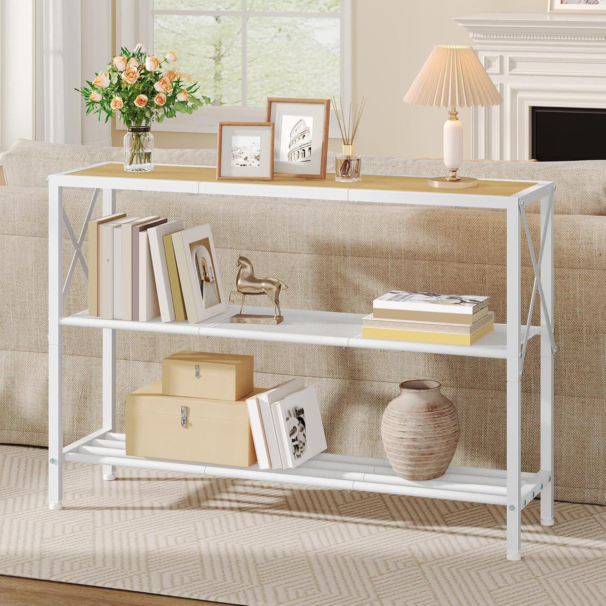 Rustic Gold Console Table with 3-Tier Storage Shelves for Entryway & Living Room