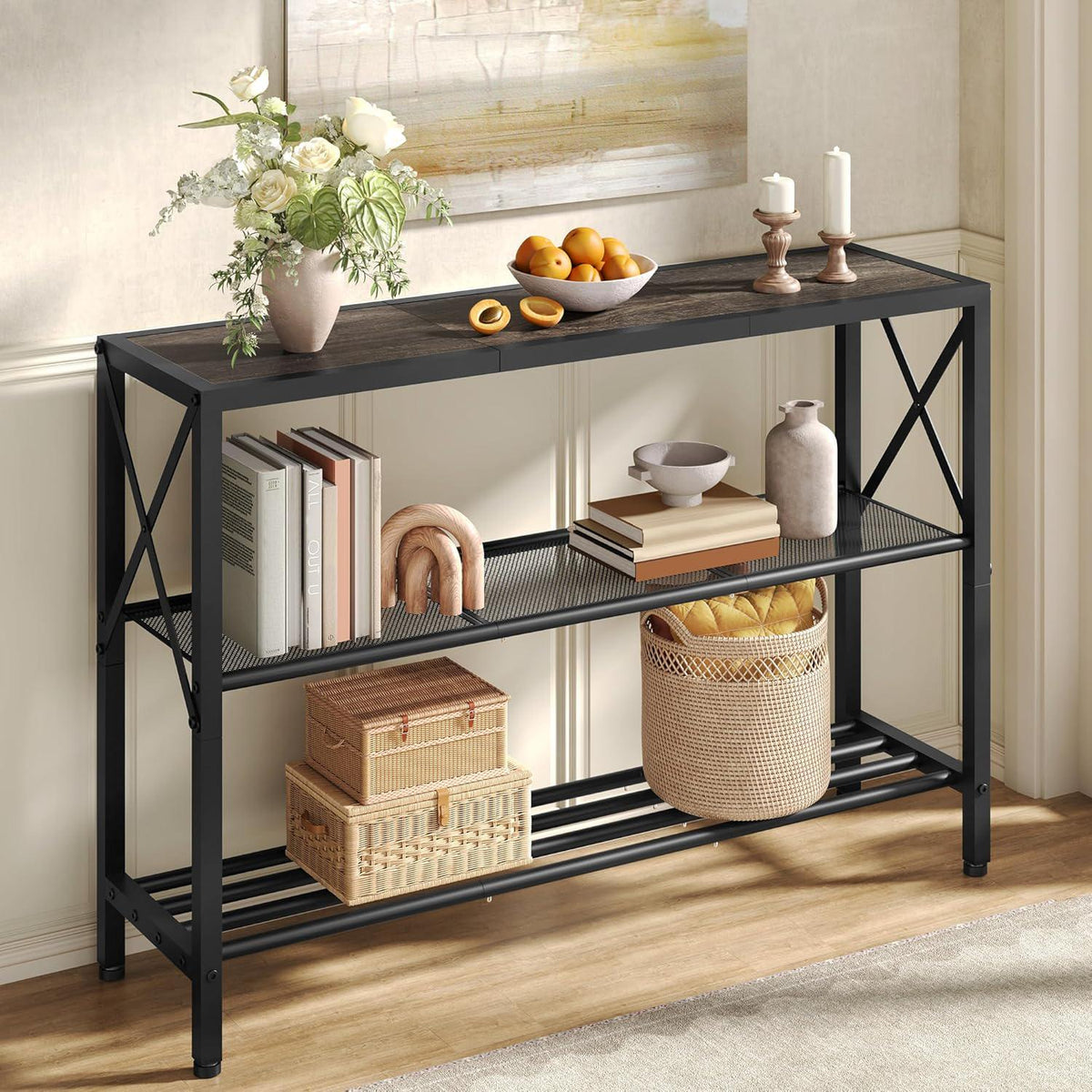 Rustic Gold Console Table with 3-Tier Storage Shelves for Entryway & Living Room