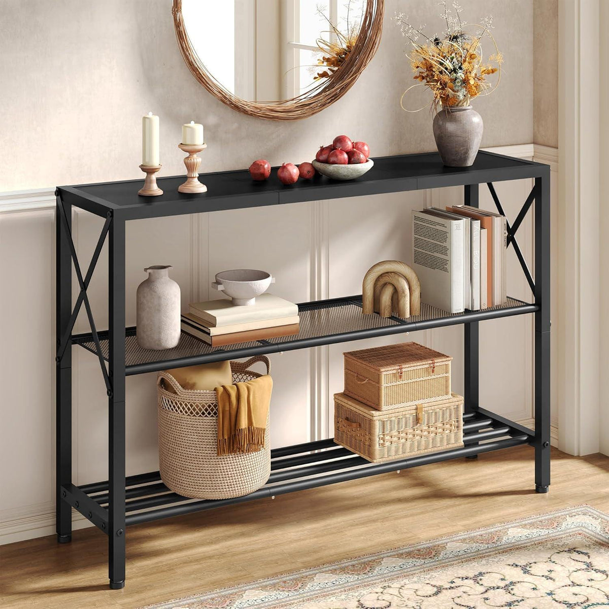 Rustic Gold Console Table with 3-Tier Storage Shelves for Entryway & Living Room