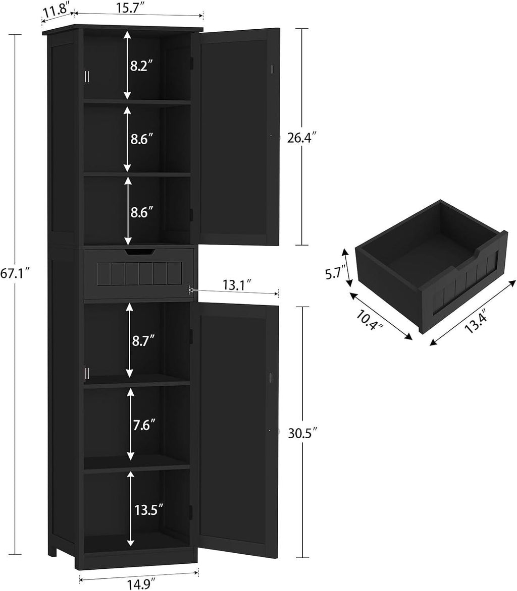 Tall Black Storage Cabinet, Narrow Bathroom Kitchen Organizer, Adjustable Shelf Drawer
