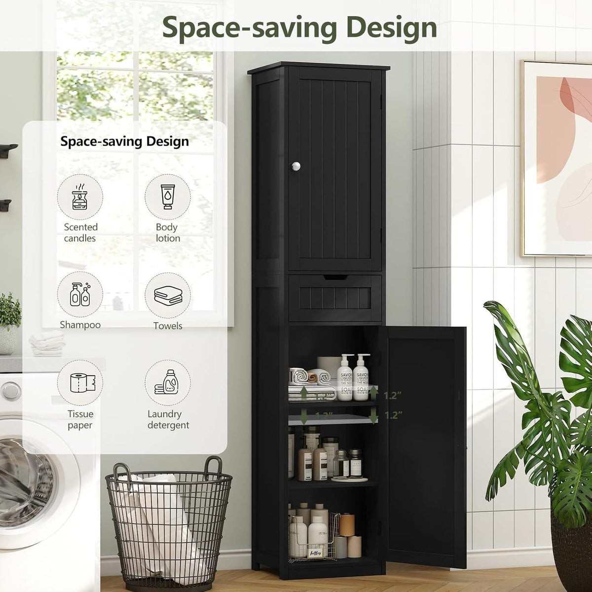 Tall Black Storage Cabinet, Narrow Bathroom Kitchen Organizer, Adjustable Shelf Drawer