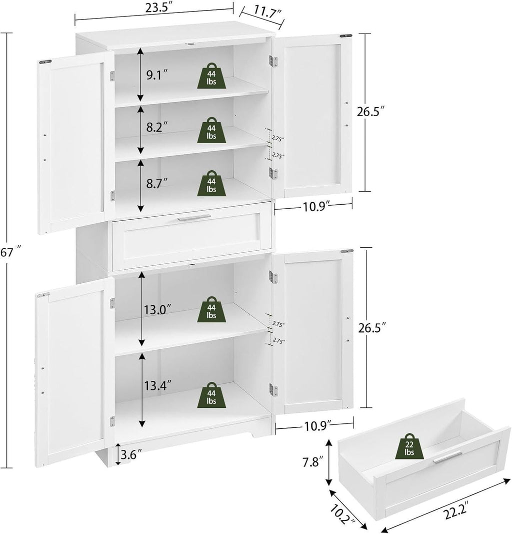 Tall White Storage Cabinet, Modern Minimalist Pantry Cupboard, Adjustable Shelves, Drawer