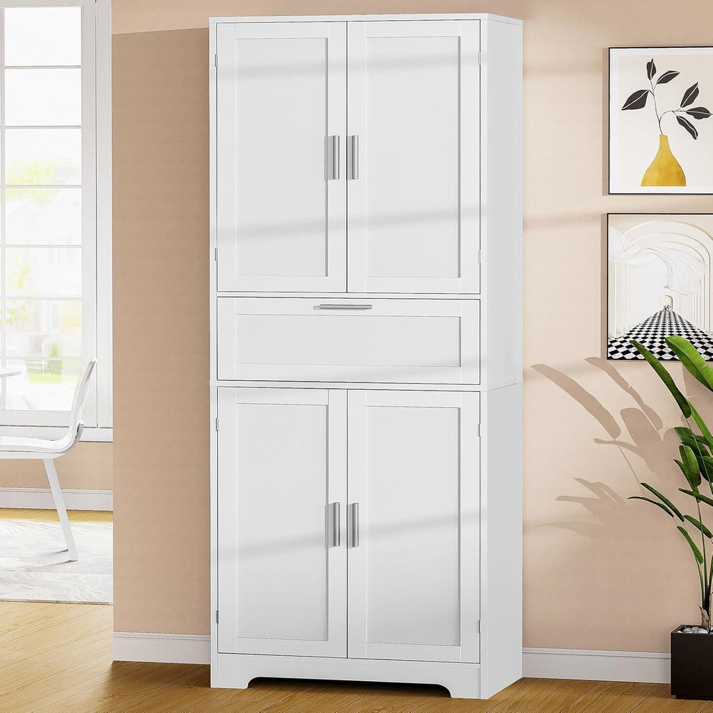 Tall White Storage Cabinet, Modern Minimalist Pantry Cupboard, Adjustable Shelves, Drawer