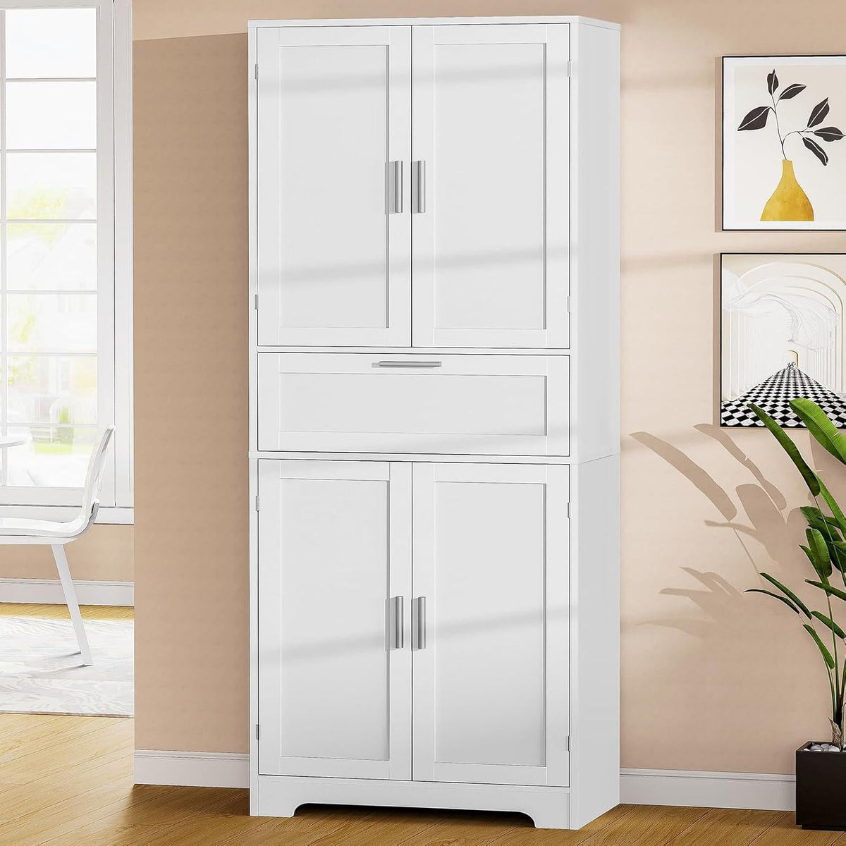 Tall White Storage Cabinet, Modern Minimalist Pantry Cupboard, Adjustable Shelves, Drawer