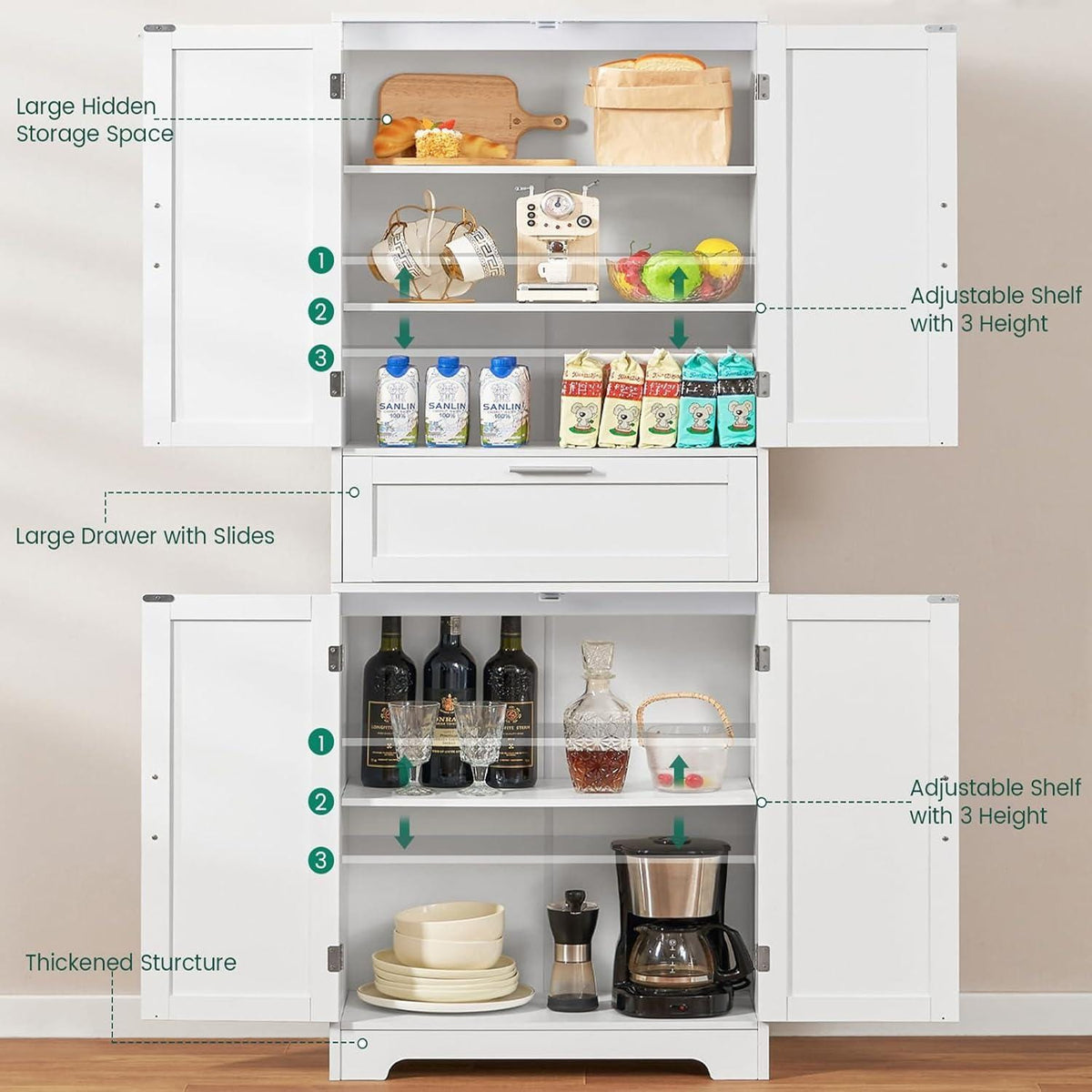 Tall White Storage Cabinet, Modern Minimalist Pantry Cupboard, Adjustable Shelves, Drawer