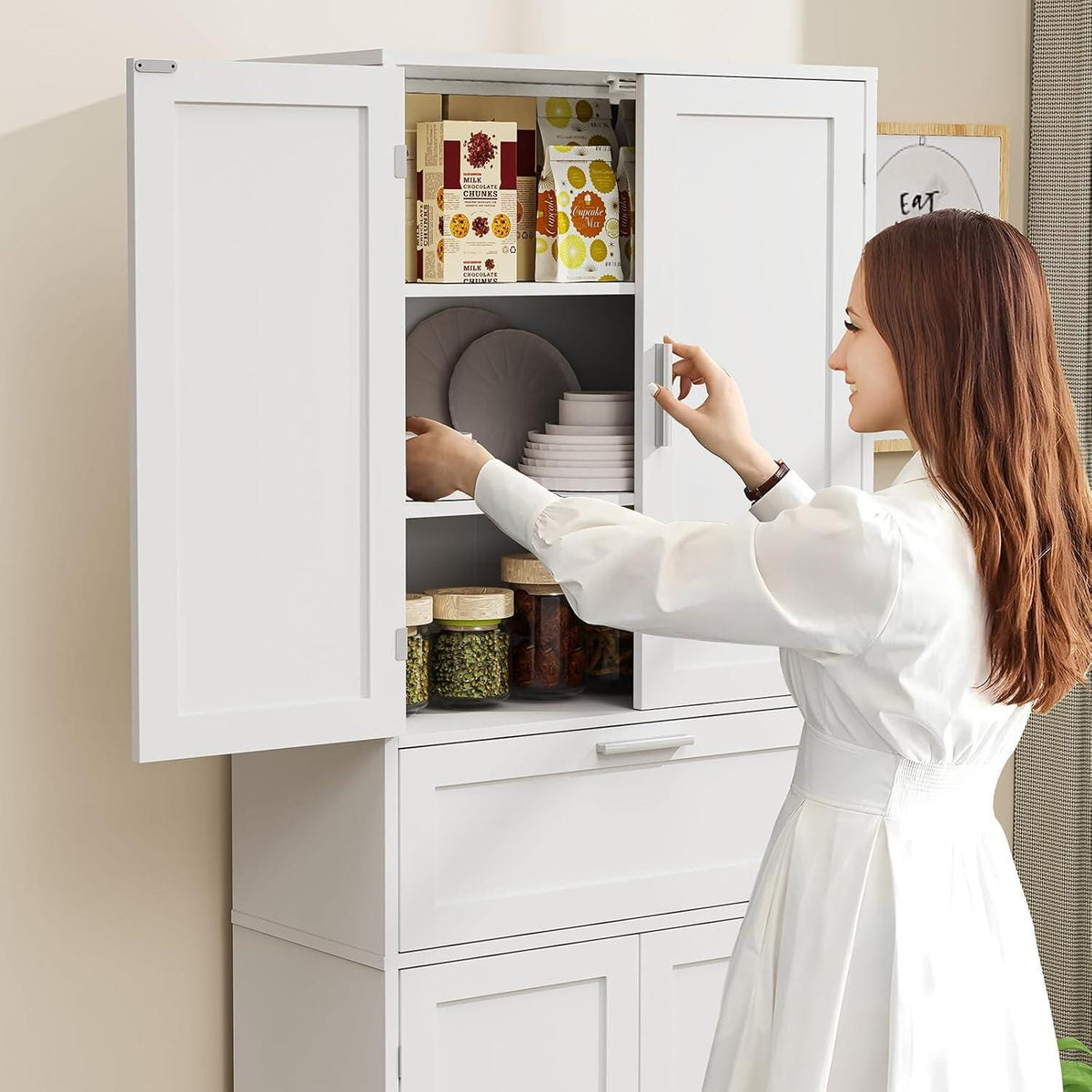Tall White Storage Cabinet, Modern Minimalist Pantry Cupboard, Adjustable Shelves, Drawer