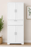 Tall White Storage Cabinet, Modern Minimalist Pantry Cupboard, Adjustable Shelves, Drawer