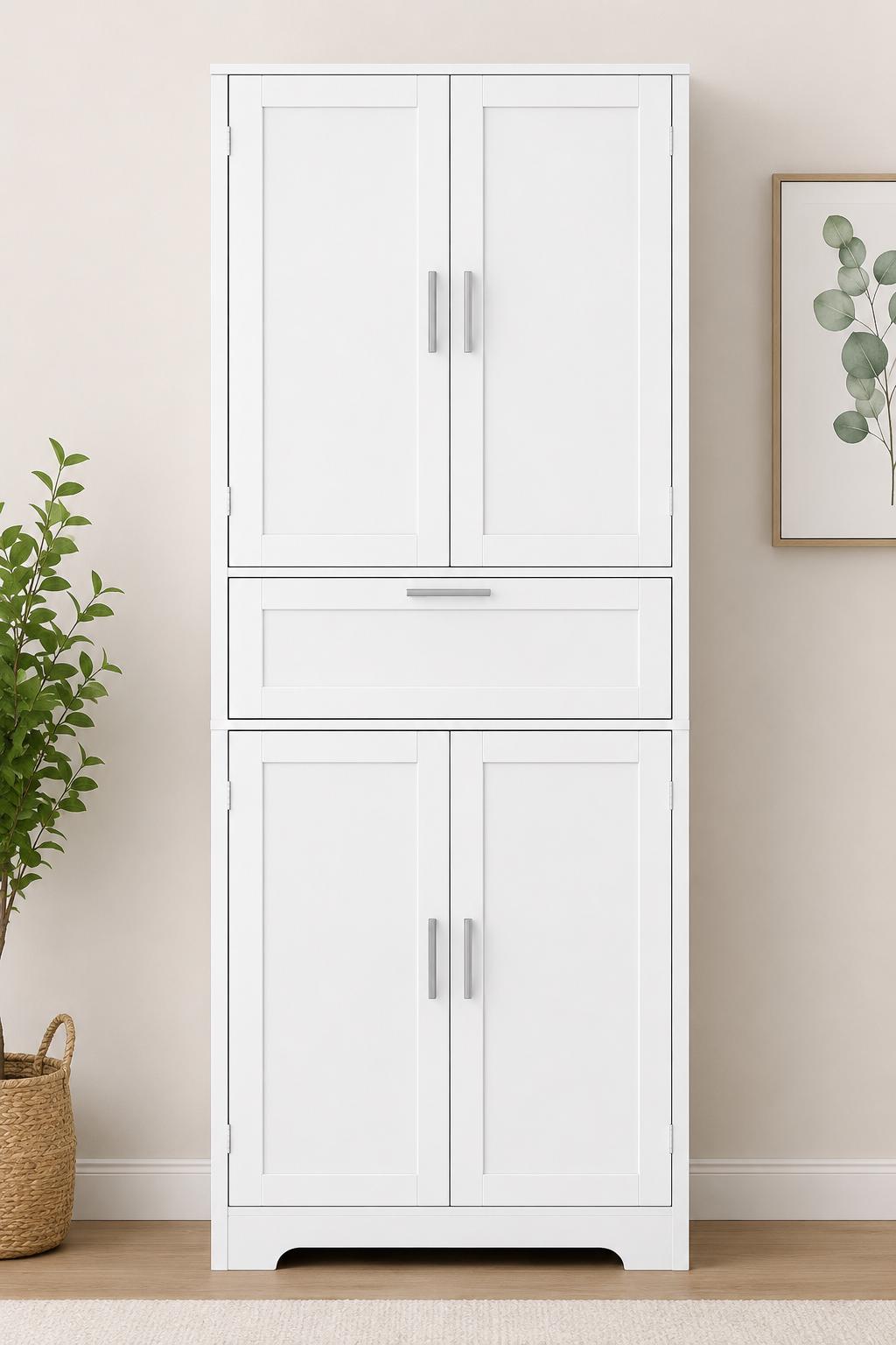 Tall White Storage Cabinet, Modern Minimalist Pantry Cupboard, Adjustable Shelves, Drawer