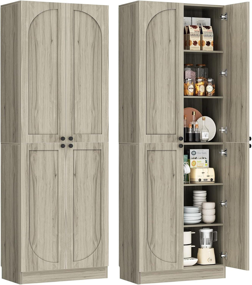 80" Tall Farmhouse Pantry Cabinet, Arched Doors, Freestanding Kitchen Storage Organizer