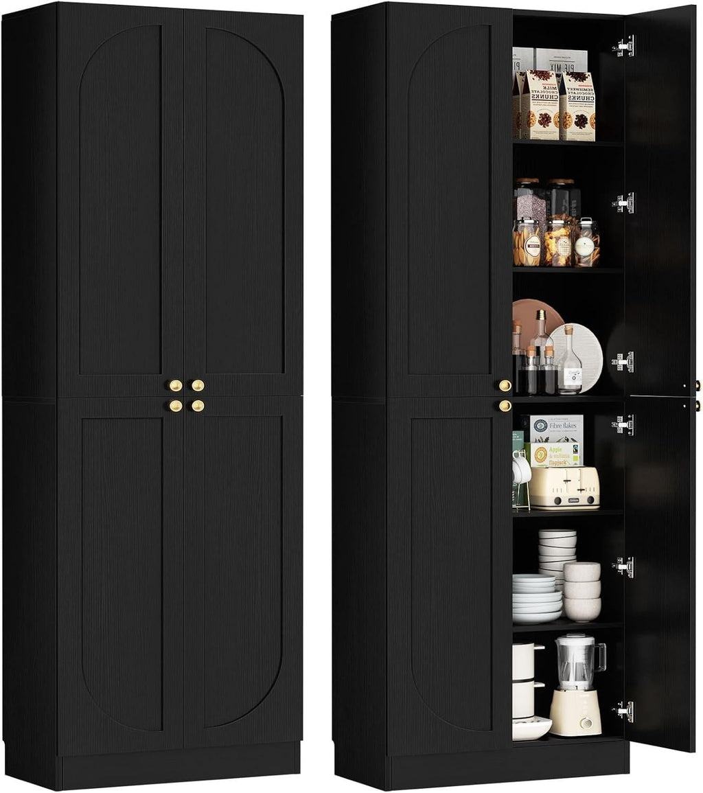 80" Tall Farmhouse Pantry Cabinet, Arched Doors, Freestanding Kitchen Storage Organizer