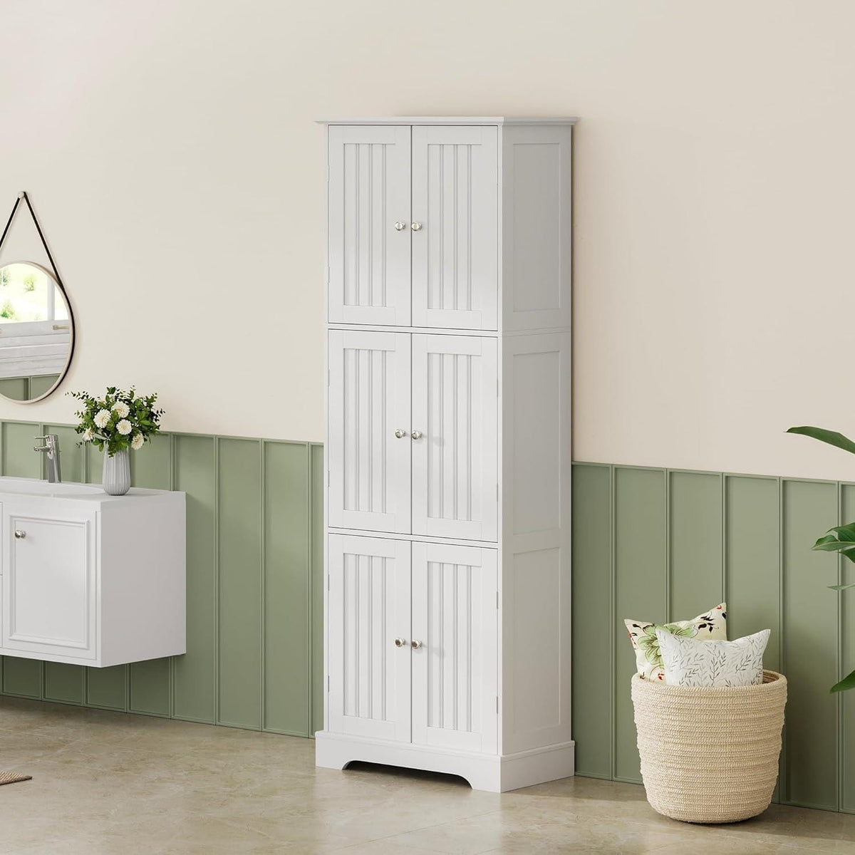 ChooChoo Tall Bathroom Storage Cabinet with 6 Doors & Adjustable Shelves, White Freestanding Pantry Cabinet