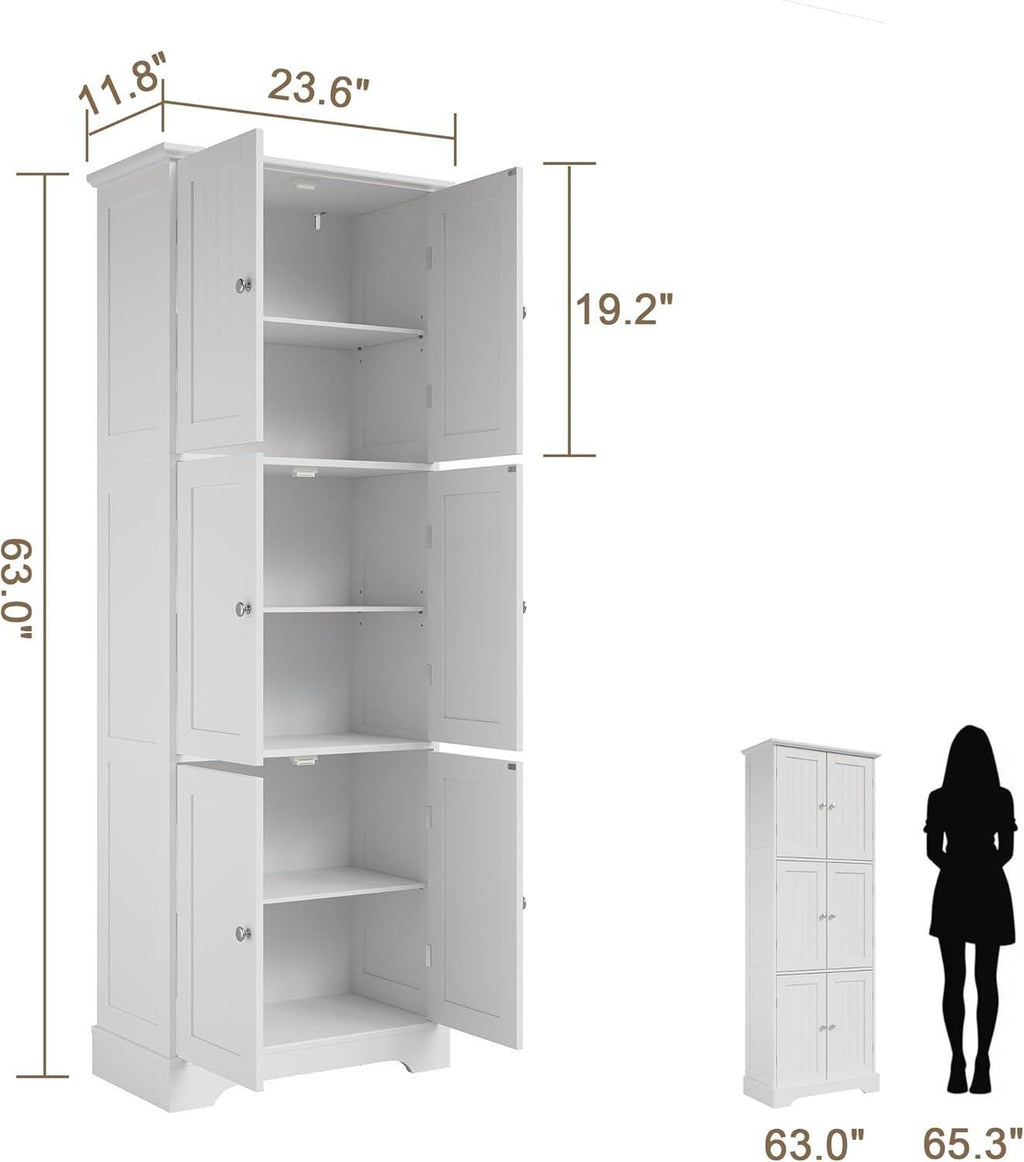 ChooChoo Tall Bathroom Storage Cabinet with 6 Doors & Adjustable Shelves, White Freestanding Pantry Cabinet