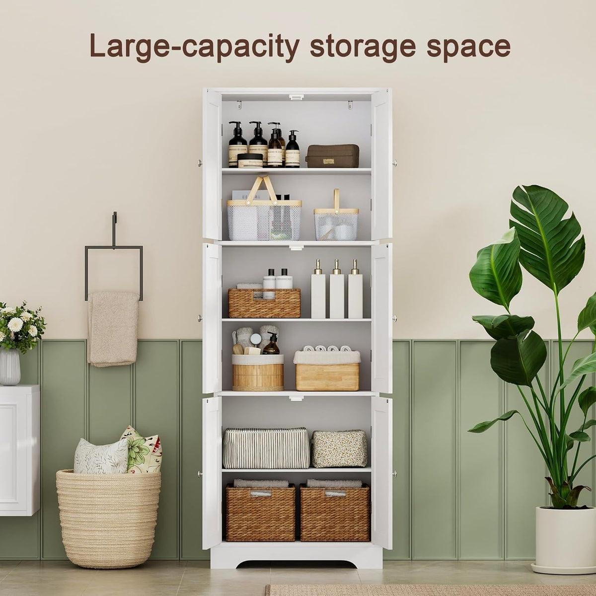 ChooChoo Tall Bathroom Storage Cabinet with 6 Doors & Adjustable Shelves, White Freestanding Pantry Cabinet