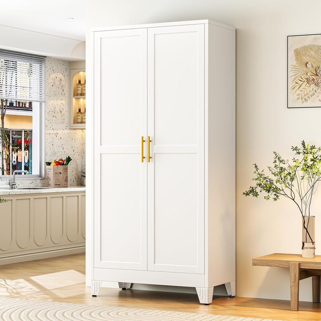 Tall White Steel Storage Cabinet, 2 Doors, 5 Adjustable Shelves