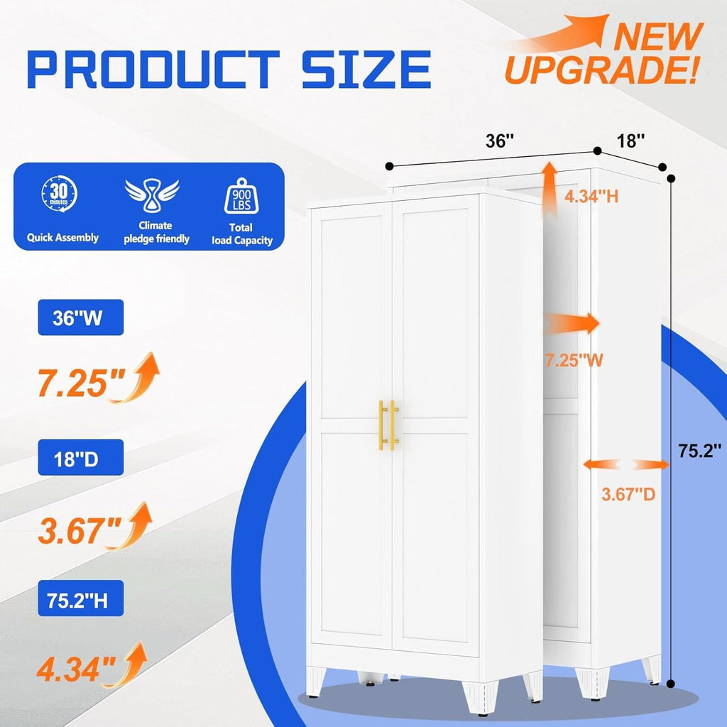 Tall White Steel Storage Cabinet, 2 Doors, 5 Adjustable Shelves