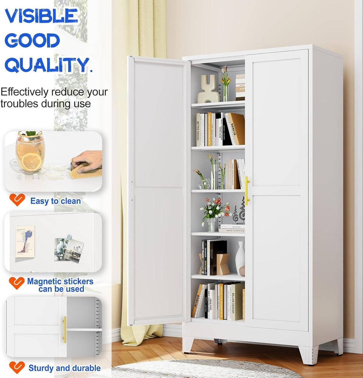 Tall White Steel Storage Cabinet, 2 Doors, 5 Adjustable Shelves