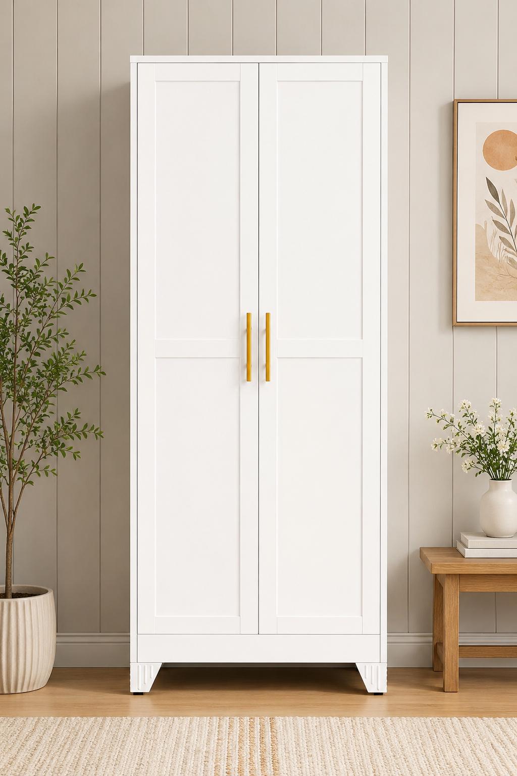 Tall White Steel Storage Cabinet, 2 Doors, 5 Adjustable Shelves