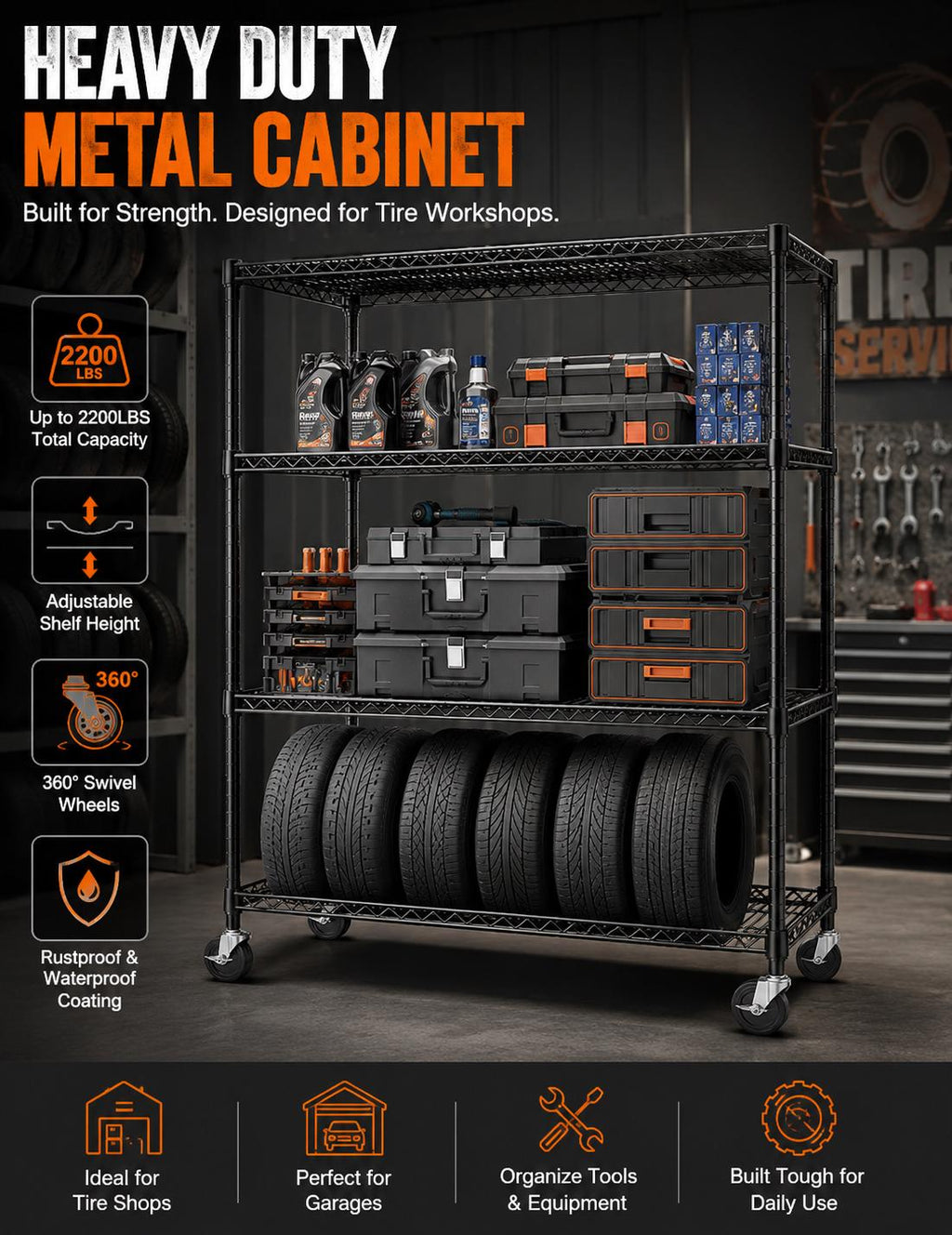 Heavy Duty Carbon Steel Shelving Unit with Wheels, Adjustable Garage Storage Rack