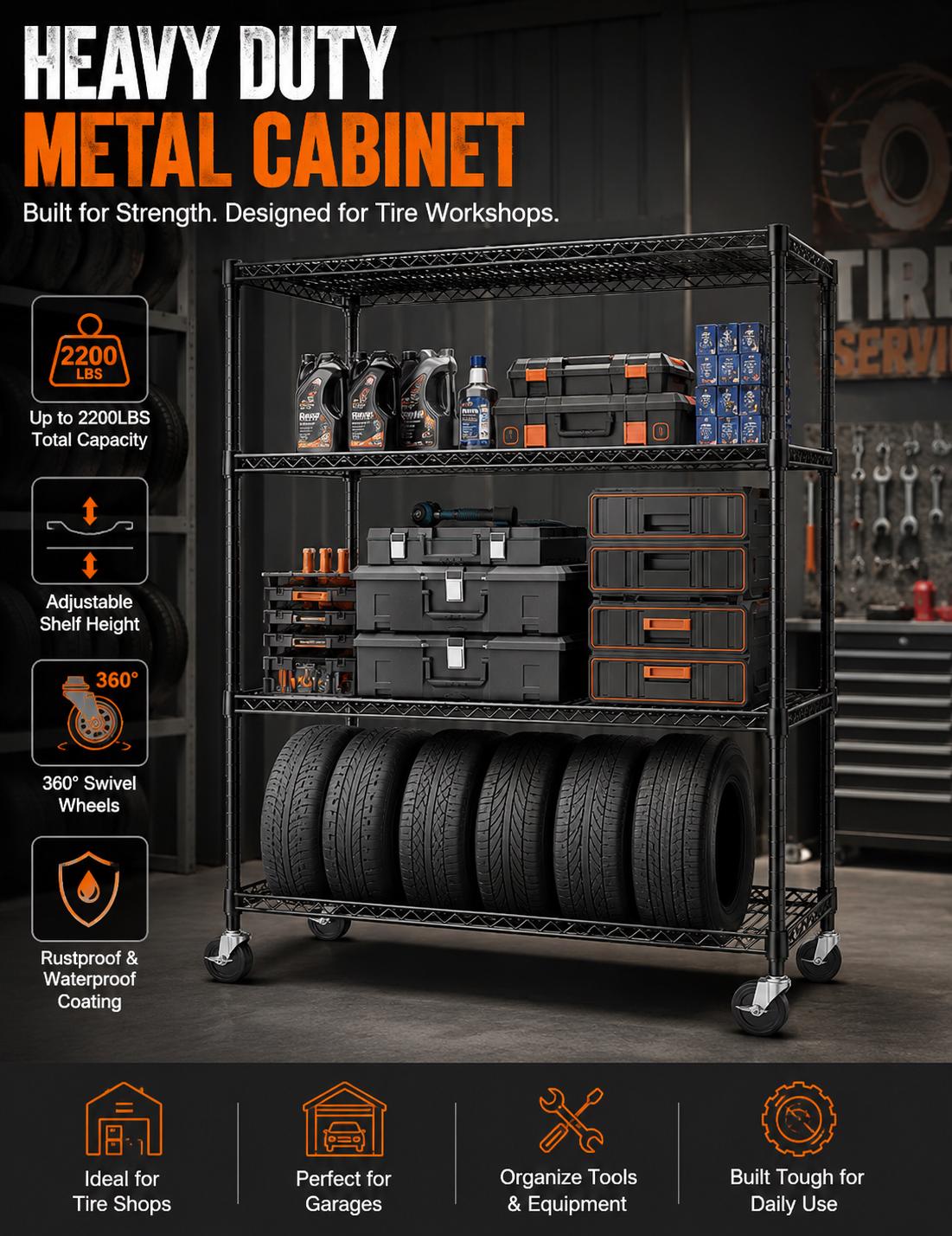 Heavy Duty Carbon Steel Shelving Unit with Wheels, Adjustable Garage Storage Rack