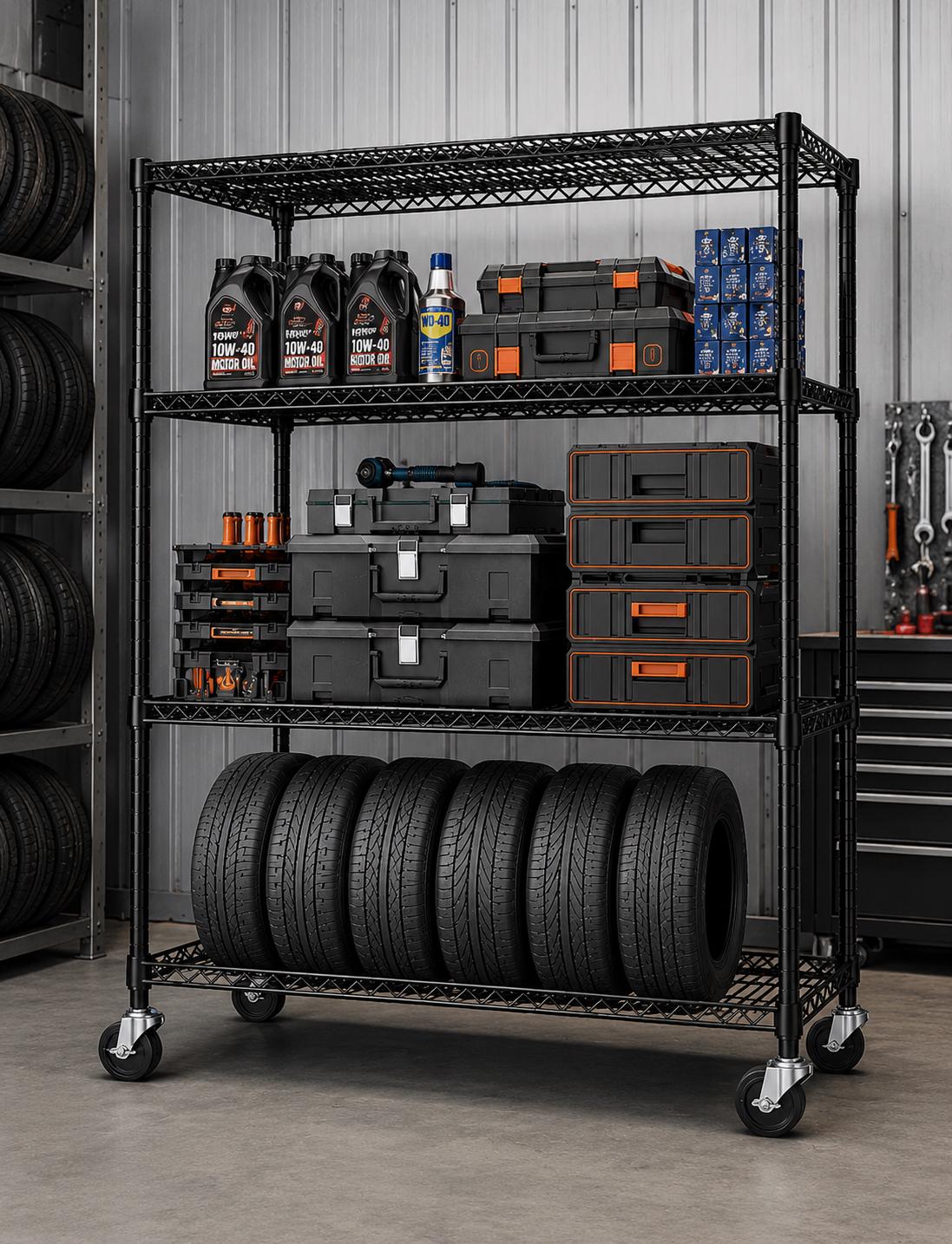 Heavy Duty Carbon Steel Shelving Unit with Wheels, Adjustable Garage Storage Rack