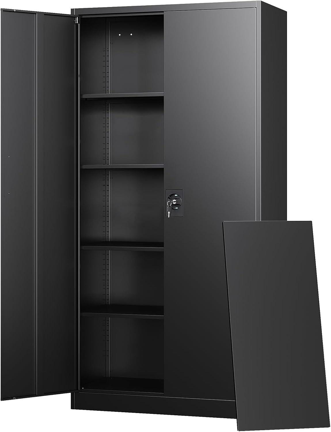 Heavy-Duty Steel Storage Cabinet, Lockable Double Doors, 5 Adjustable Shelves