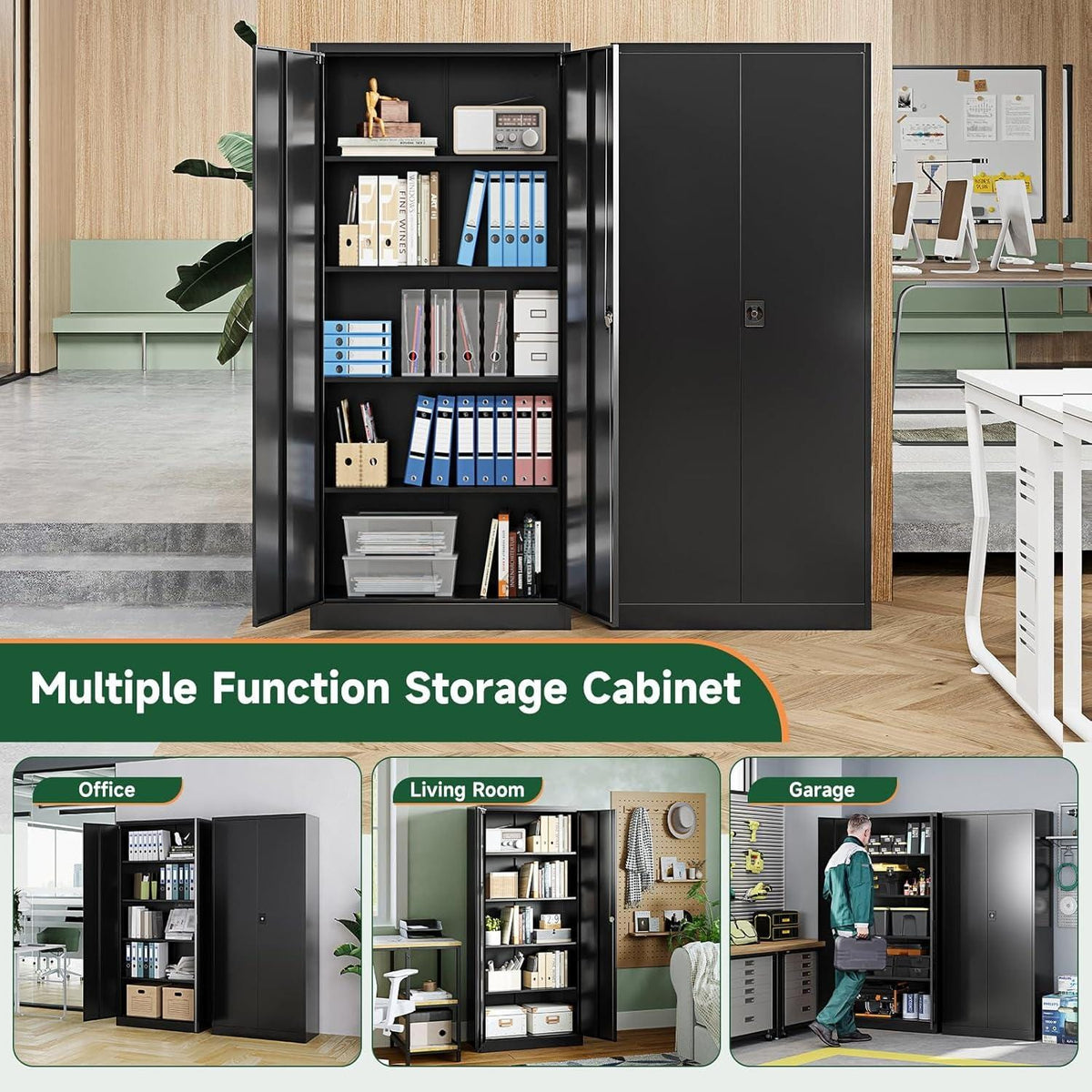 Heavy-Duty Steel Storage Cabinet, Lockable Double Doors, 5 Adjustable Shelves