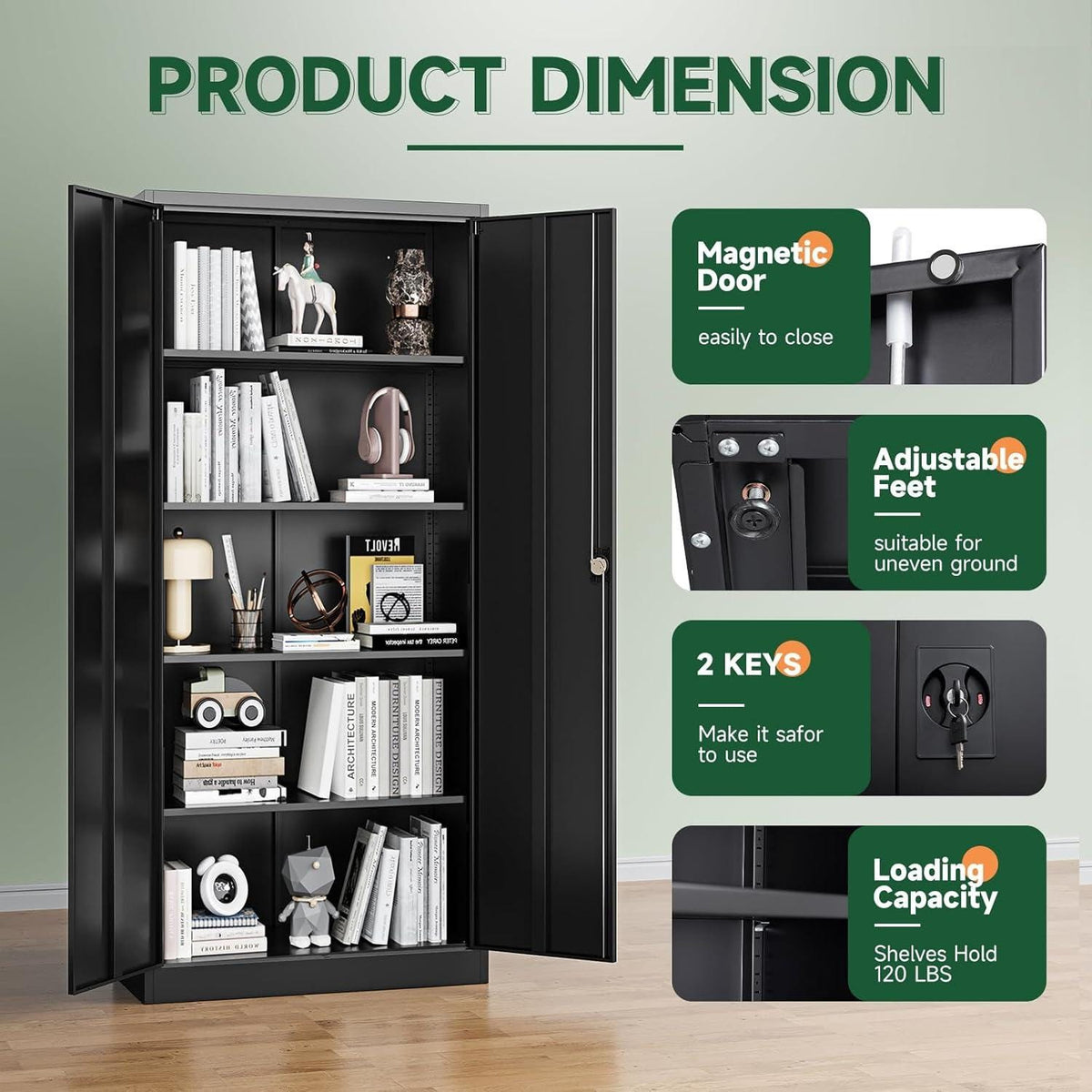 Heavy-Duty Steel Storage Cabinet, Lockable Double Doors, 5 Adjustable Shelves