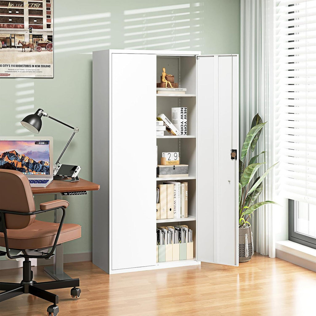 Heavy-Duty Steel Storage Cabinet, Lockable Double Doors, 5 Adjustable Shelves