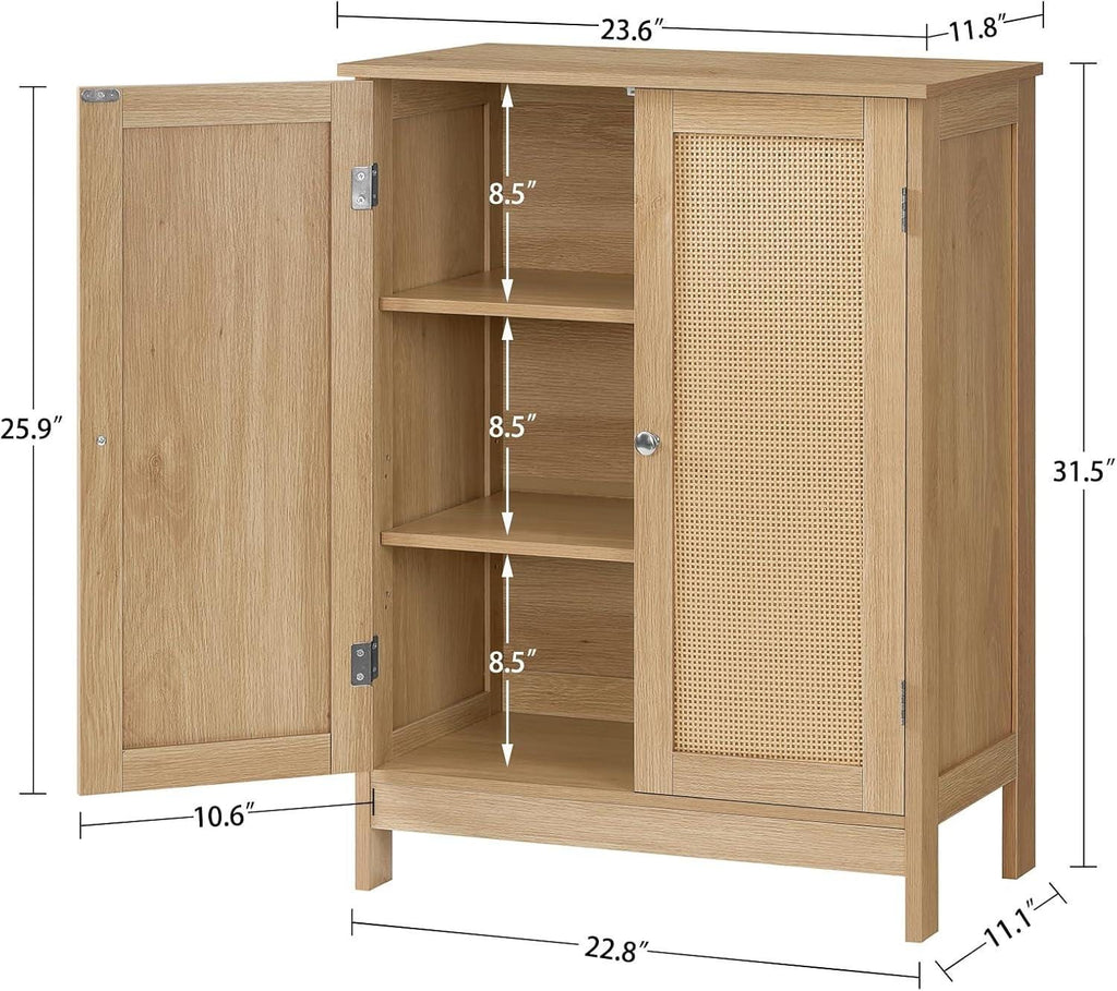 Boho Rattan Storage Cabinet, Farmhouse Accent Buffet, Adjustable Shelves, Entryway Shoe Organizer