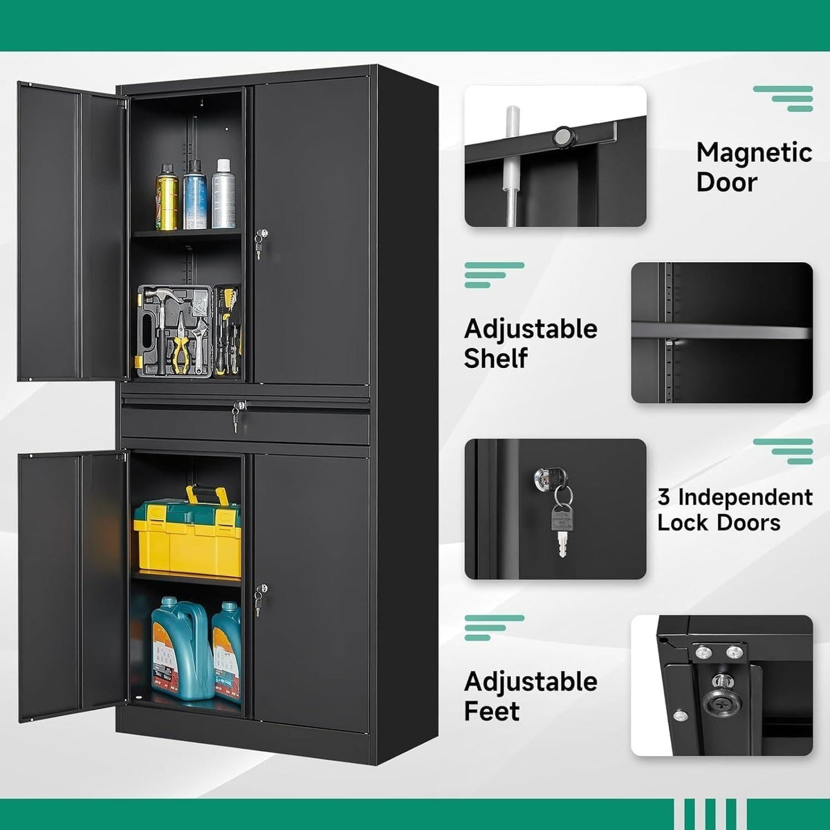 Heavy-Duty Steel Garage Storage Cabinet, 4 Lockable Doors, Sliding Drawer, Adjustable Shelves