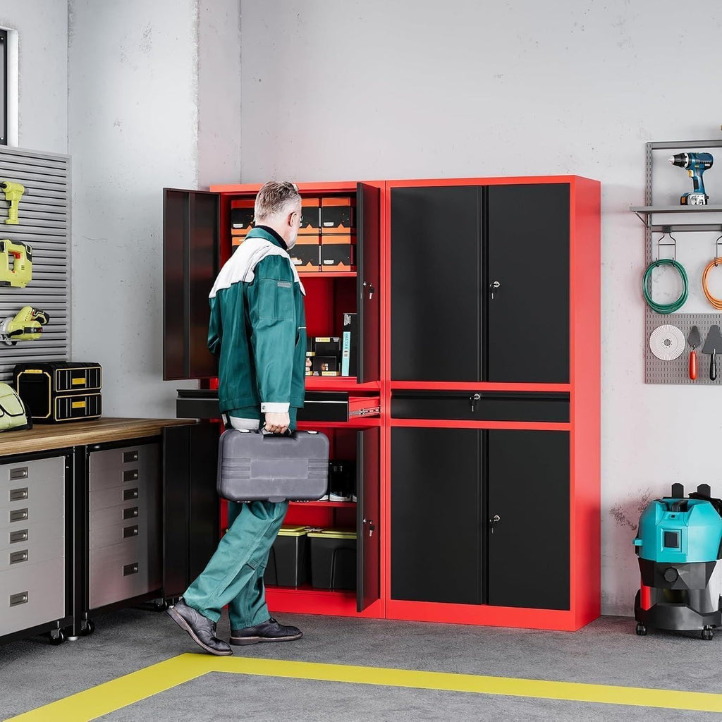 Heavy-Duty Steel Garage Storage Cabinet, 4 Lockable Doors, Sliding Drawer, Adjustable Shelves