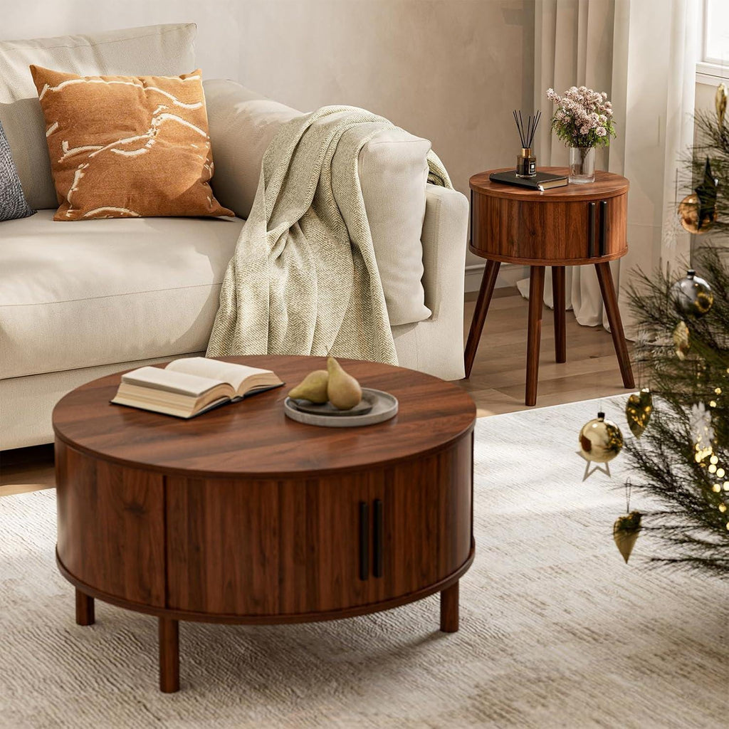 Round Walnut Side Table, Mid-Century Modern Nightstand with Sliding Door Storage