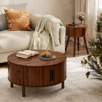 Round Walnut Side Table, Mid-Century Modern Nightstand with Sliding Door Storage