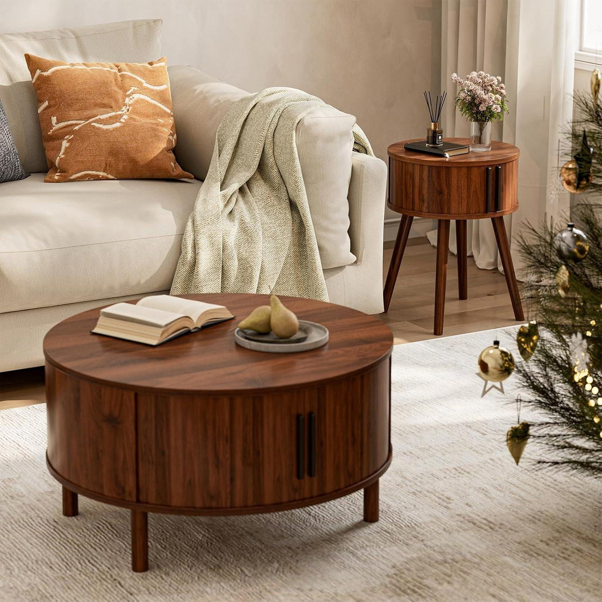 Round Walnut Side Table, Mid-Century Modern Nightstand with Sliding Door Storage