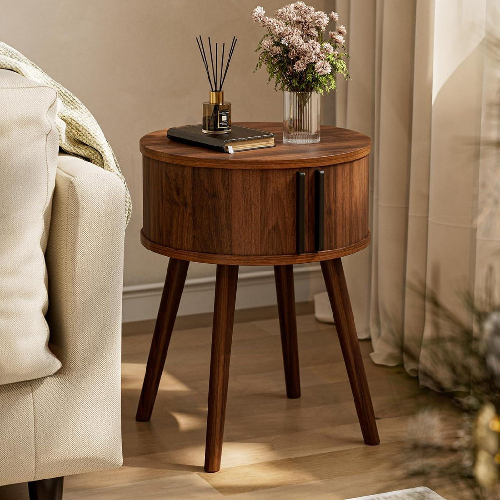 Round Walnut Side Table, Mid-Century Modern Nightstand with Sliding Door Storage