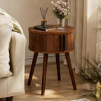 Round Walnut Side Table, Mid-Century Modern Nightstand with Sliding Door Storage